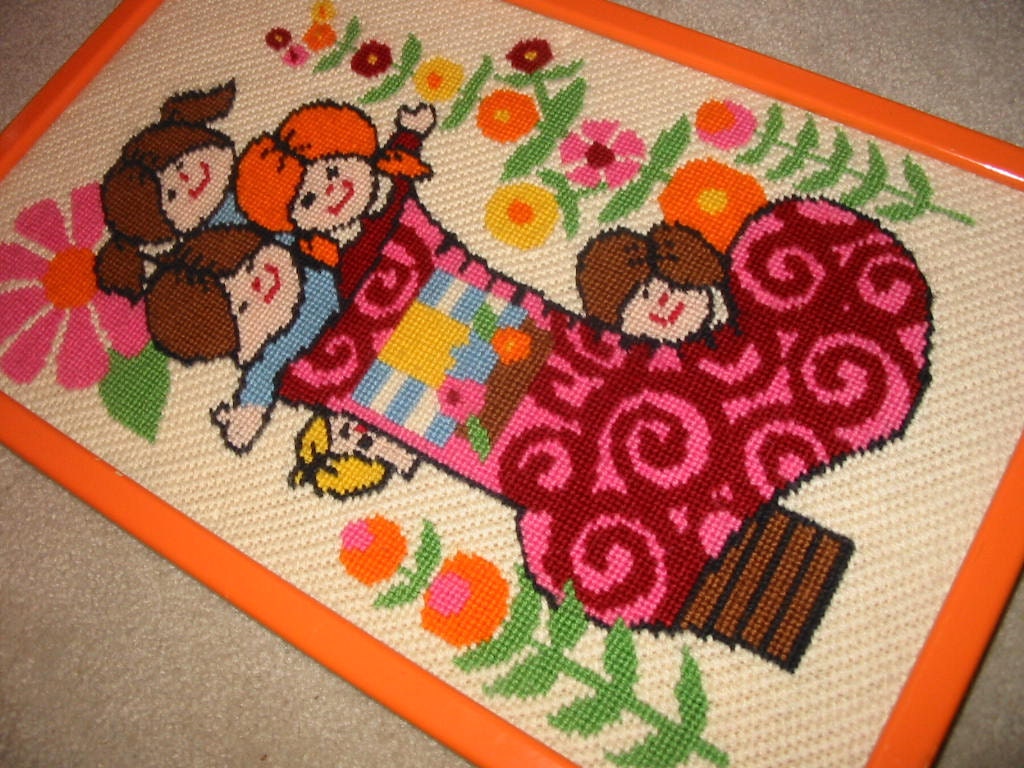 SALE....Vintage 70s Needlepoint Children&Boot Picture w/Orange Frame Panton Era Genius