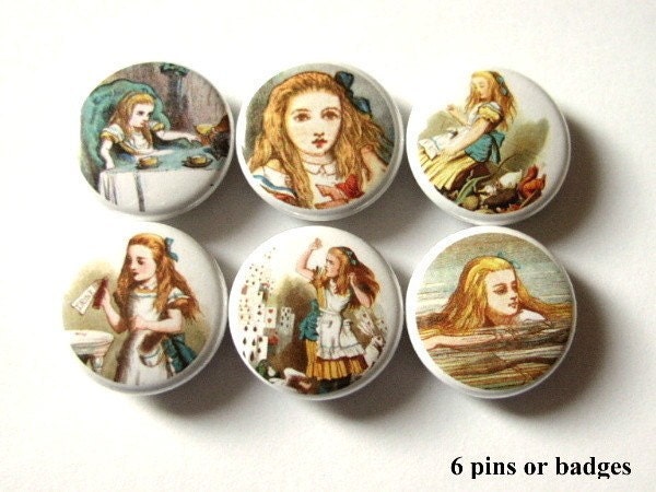 Alice in Wonderland Set of 6 PINS BADGES BUTTONS 1 inch Great Party Favors