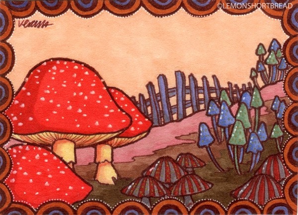Original ACEO Art Toadstool Mushroom Pop Illustration Fantasy Fairytales