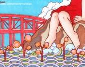 Original ACEO Red Bridge Art, Pop Surrealism Illustration Popart Anime Surreal