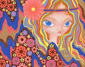 Psychedelic Original Canvas Painting, Big-Eyed Girl Pop Surrealism Art Illustration, Flower Power Rainbow 8x10" - Technicolor Melt