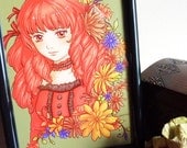 Sweet Lolita Art Print 5x7" Illustration Gothic Lolita, Giclee Archival, Anime Autumn Orange Florals Flowers Pop