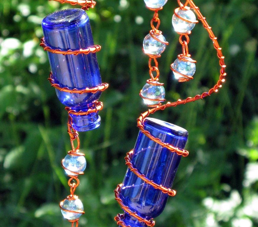 Suncatcher - Set of 2 Little Blue Spirit Bottles With Copper Wire Wrapped Iridescent Sky Blue Glass Marble Prisms