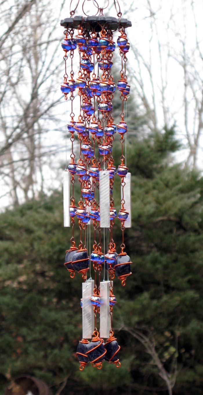 Blue Goldstone Windchime / Wind Chime with Recycled Aluminum and Copper Wrapped Blue Glass Marble Prisms, Outdoor Garden