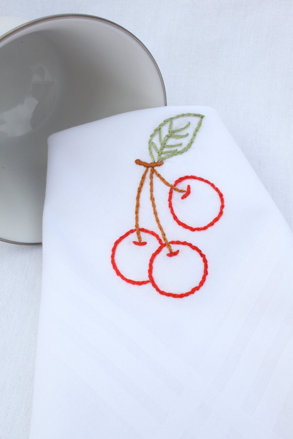 Summer Cherries Hand Embroidered Handkerchief