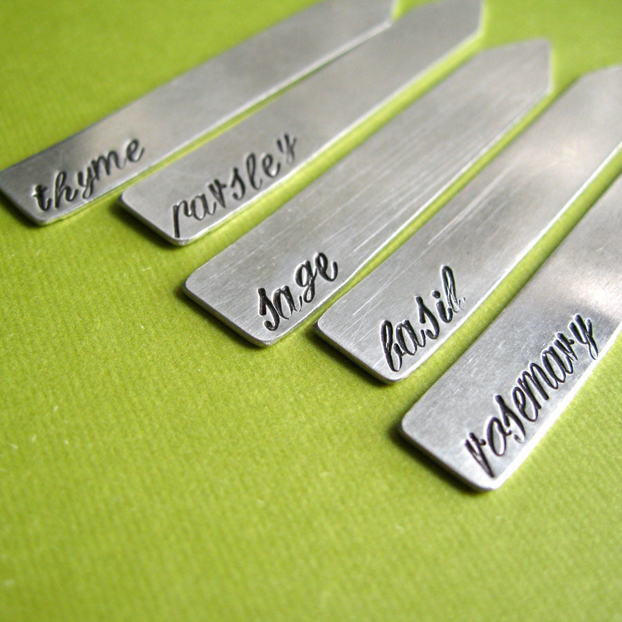 Herb Markers - Hand Stamped in Aluminum - Set of 5 Garden Markers