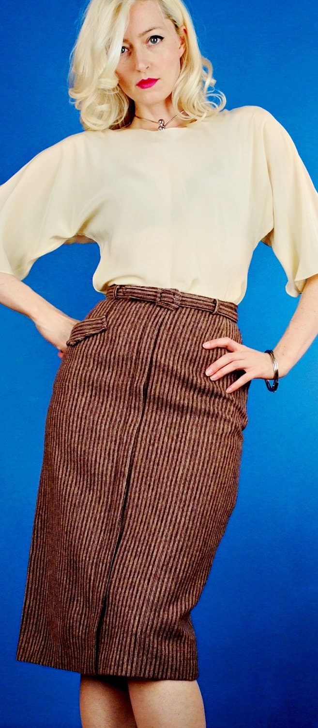 Brown & Tan Tweed Stripe VIntage 1950s/50s HIgh-Waisted Wool Pin-Up Pencil Skirt XS Extra Small