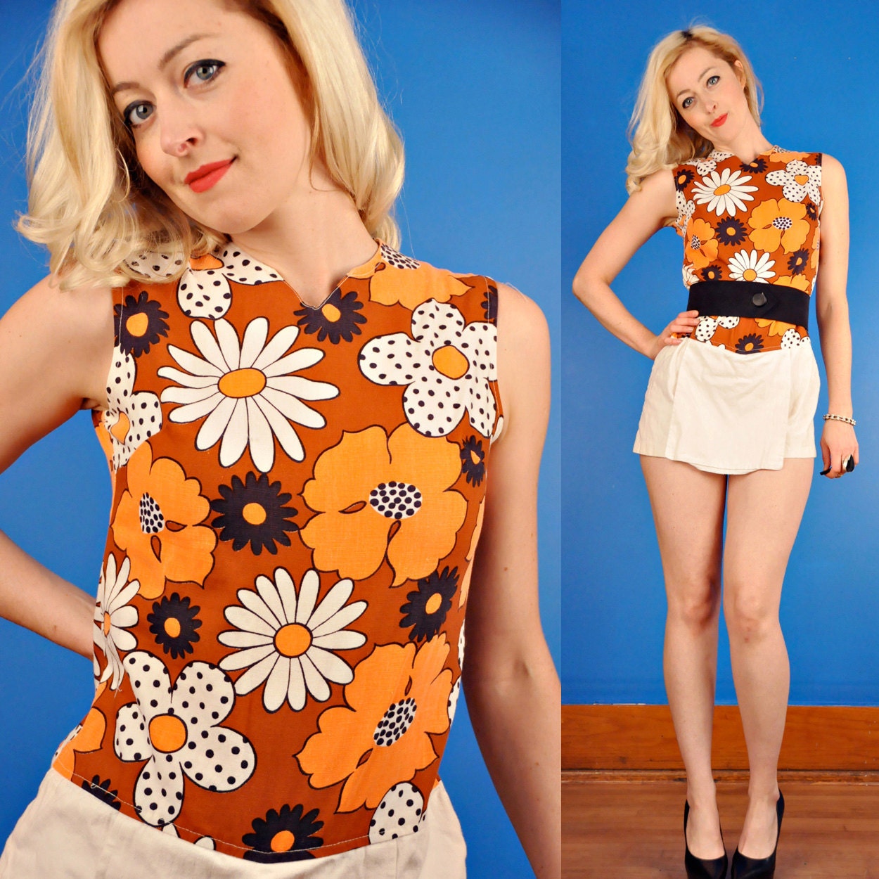 Daisy Print Vintage 60s Mini Sun Tennis Dress Romper S