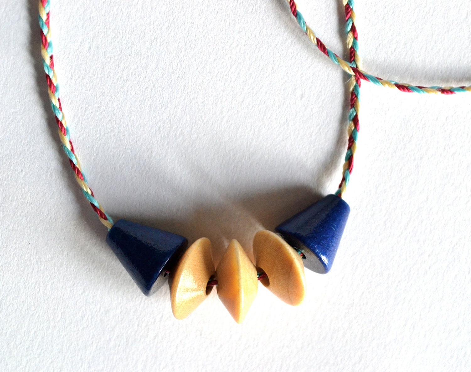 Geo Necklace, braided silk cord with wood beads
