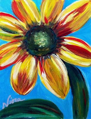 5"x7"  sunflower wrap around canvas orange green red yellow blue purple whimsical flower garden