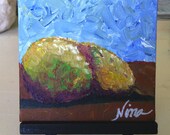 4"x4"acrylic original easle black pear fruit tree garden canvas board yellow pink blue green