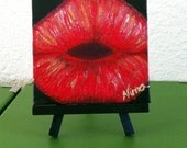 4"x4"acrylic original easle black red lips whimsical canvas board yellow pink blue green
