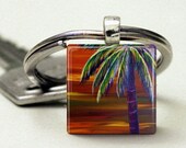 Key Chain Charm square glass palm trees sunset sunrise mini print keys car house home