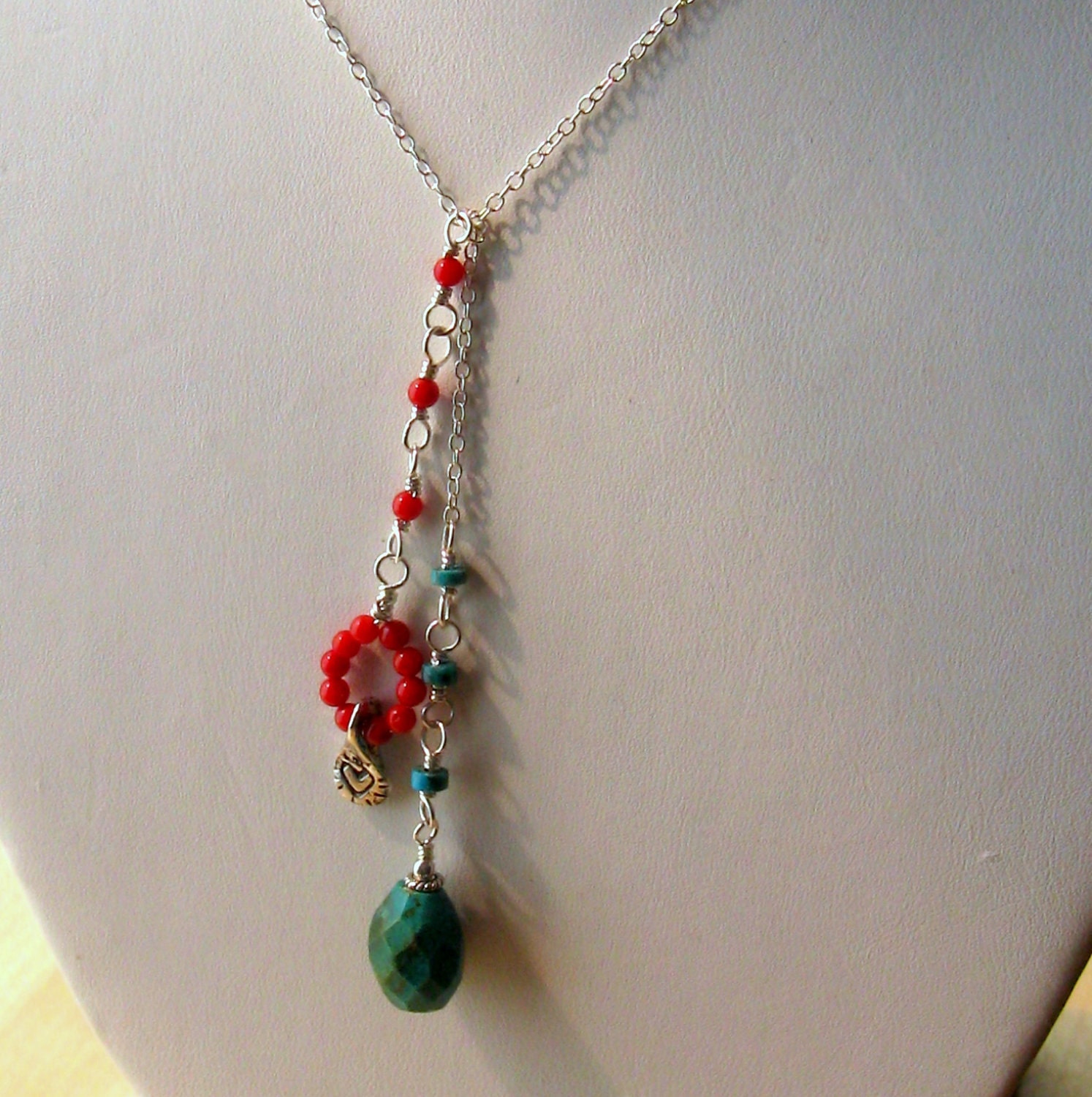 Turquoise and Red coral sterling silver lariat necklace fair trade silver - True Love