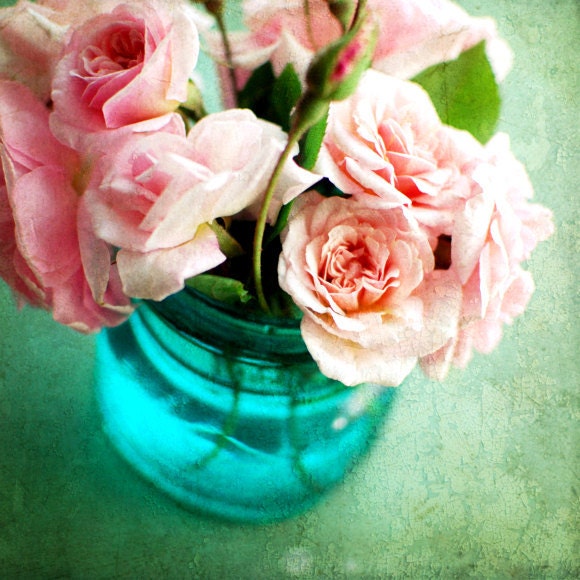 Pink aqua photograph -  roses vintage inspired wall art decor - fine art photograph blue glass jar romantic cottage garden 8x8 - Shabby Chic