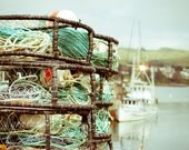 Nautical photography - fishing boat harbor crab pots ropes aqua green decor for him photograph 8x10 - Boat yard