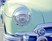 Vintage car photograph,  Mint green, photograph, Mad Men,  chrome, amber yellow light periwinkle blue mid century photography 8x8