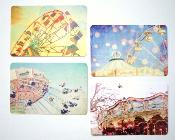 Carnival Postcard set - Carnival Daze - Set of four 4x6 postcards art prints - Whimsical cards Carnival ride colorful photo stationary