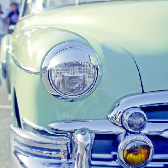 Vintage car photograph,  Mint green, photograph, Mad Men,  chrome, amber yellow light periwinkle blue mid century photography 8x8
