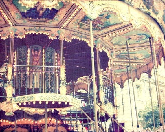 Carousel merry go round - whimsical wall art carnival decor art photography - kids nursery room decor sparkle lights plum brown 8x10