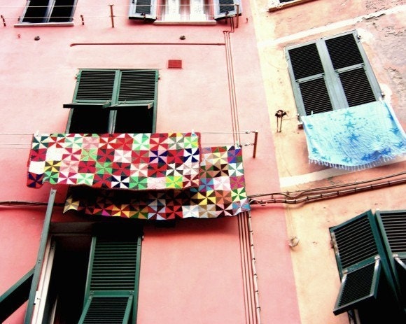 Candy Colored Quilt  - Fine Art Travel Photo rainbow colors geometric pattern triangles photography pale pink building Italy photograph 8x10