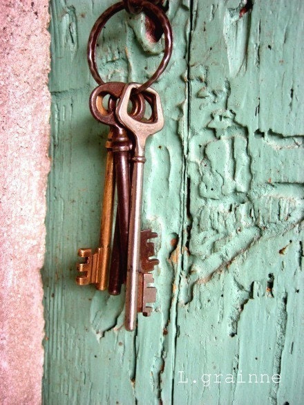 Vintage Keys Photography - Pastel mint green wall art - French decor photograph wooden door - shabby chic photography print 8x10