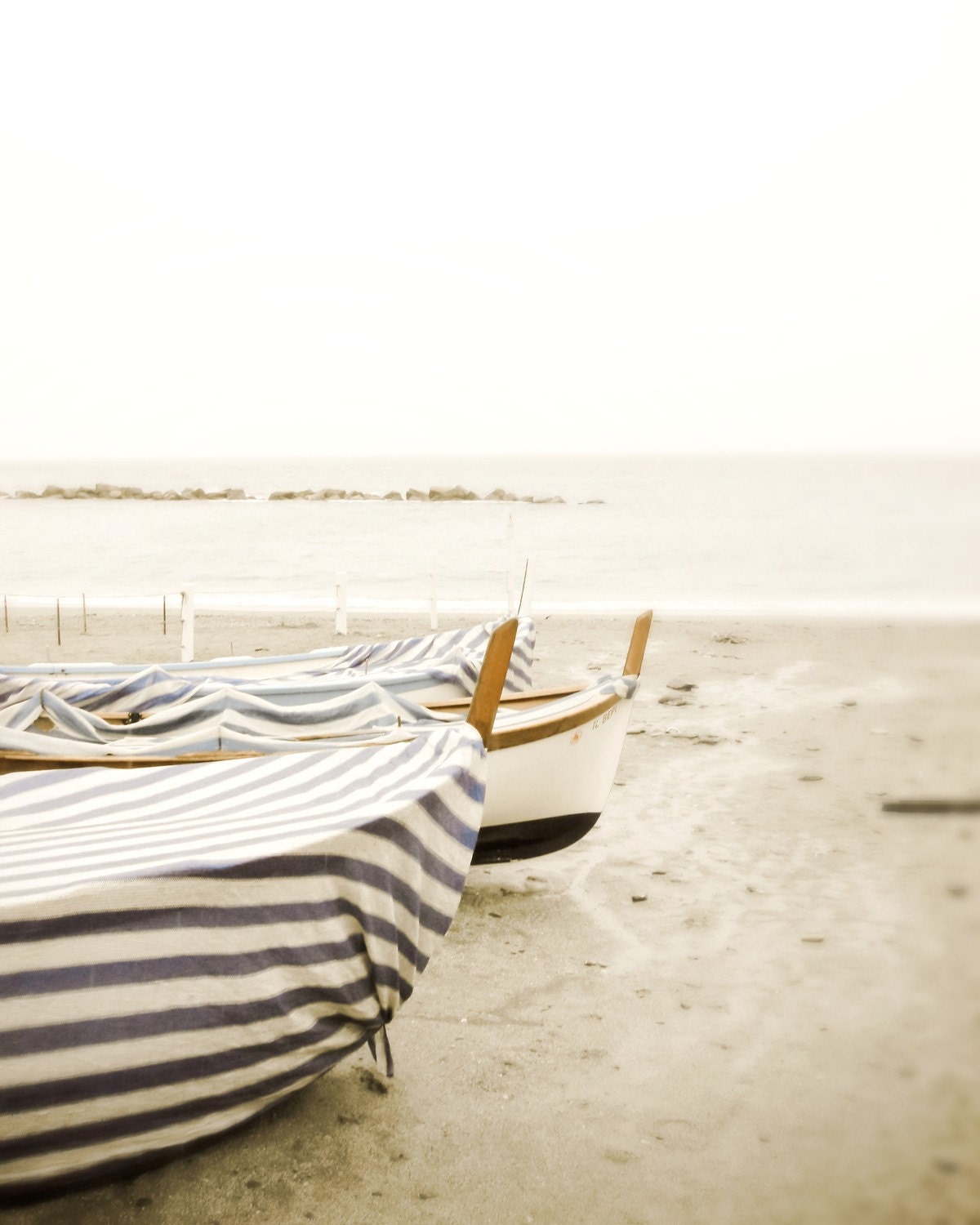 Nautical photography - Beach Photography beige tan cottage decor Italy wooden fishing boat blue stripes 8x10