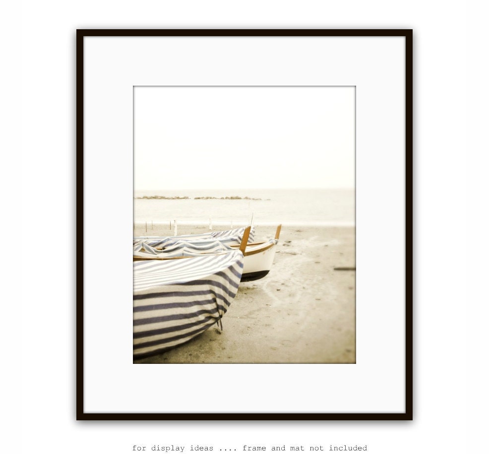 Nautical photography - Beach Photography beige tan cottage decor Italy wooden fishing boat blue stripes 8x10