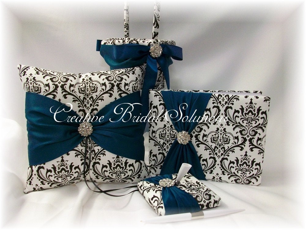 Black and White Madison Damask with Teal Ring Pillow, Flower Girl Basket, Guest Book and Guest Pen Set