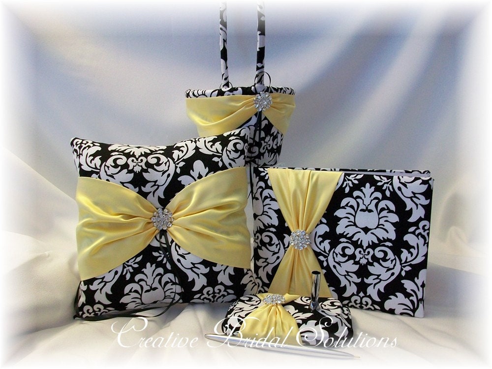 Black and White Dandy Damask with Yellow Wedding 4pc Set- Ring Pillow, Flower Girl Basket, Guest Book and Guest Pen