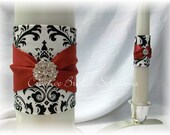 Black and White Madison Damask with Dark Red Wedding Unity Candle Set
