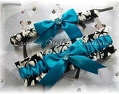 Black and White Damask with Turquoise Wedding Bridal Garter Set