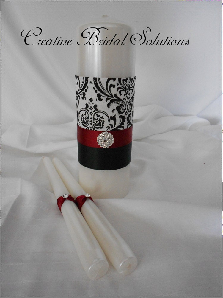 3/4 Black and White Madison Damask Unity Candle Set- Dark Red