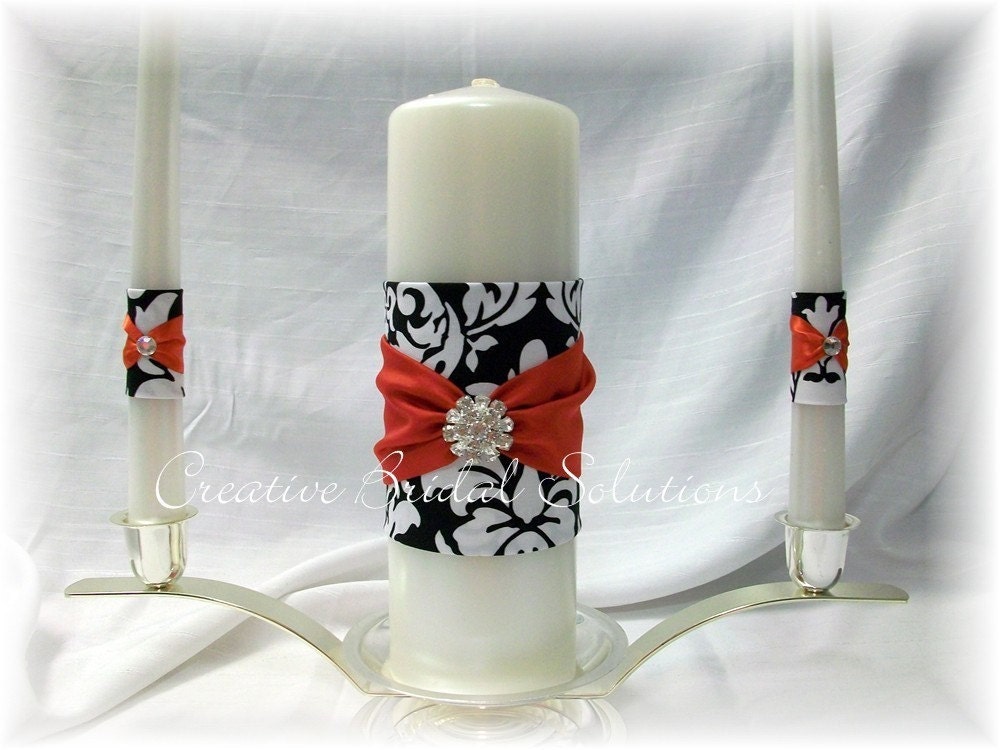 Black and White Dandy Damask with Red Wedding Unity Candle Set