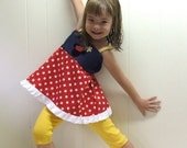 Custom RETRO Minnie Mouse style summer set with applique available in red dots denim and yellow any size 12 mos to 8 years