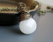 Tearrop Necklace - White  Jade -   Oxidzed Brass - Handmade Jewelry -  Wire Jewelry  -  Brass Necklace