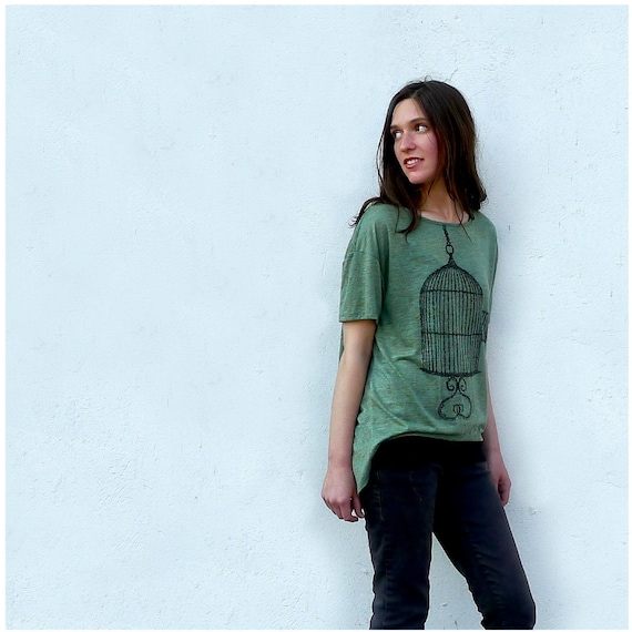 One That Got Away - spring fashion - womens t shirt - MEDIUM - birdcage print on Alternative Apparel heather moss pony tees