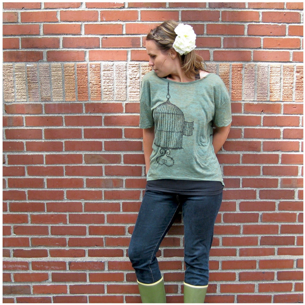 One That Got Away - spring fashion - womens t shirt - MEDIUM - birdcage print on Alternative Apparel heather moss pony tees