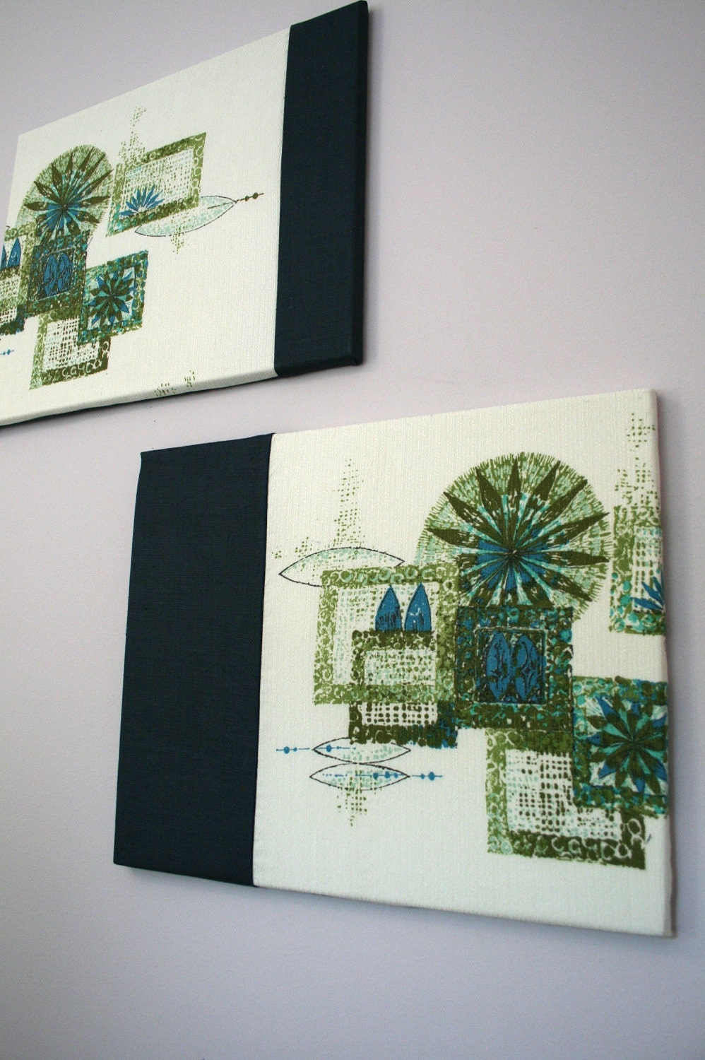 Vintage Fabric Art Wall Hanging Mid Century Mod Blue Green Color Blocking Fathers Day