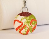 Vintage Mid-Century Modern Barkcloth Fabric Necklace Orange Brown Green Cream