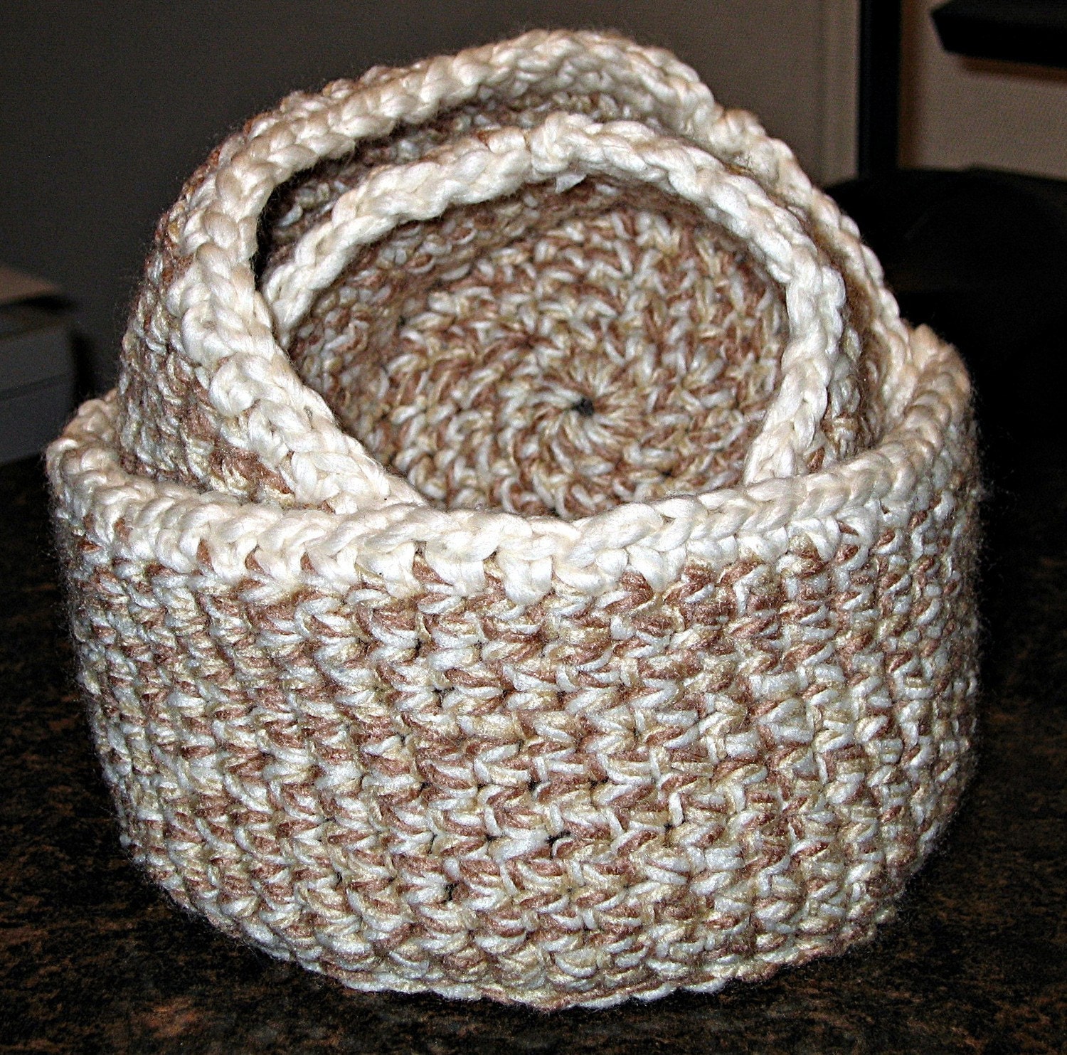 Crochet Nesting Bowls, Nesting Baskets - Set of 3 - Brown with Cream Trim - Annabelle Baskets