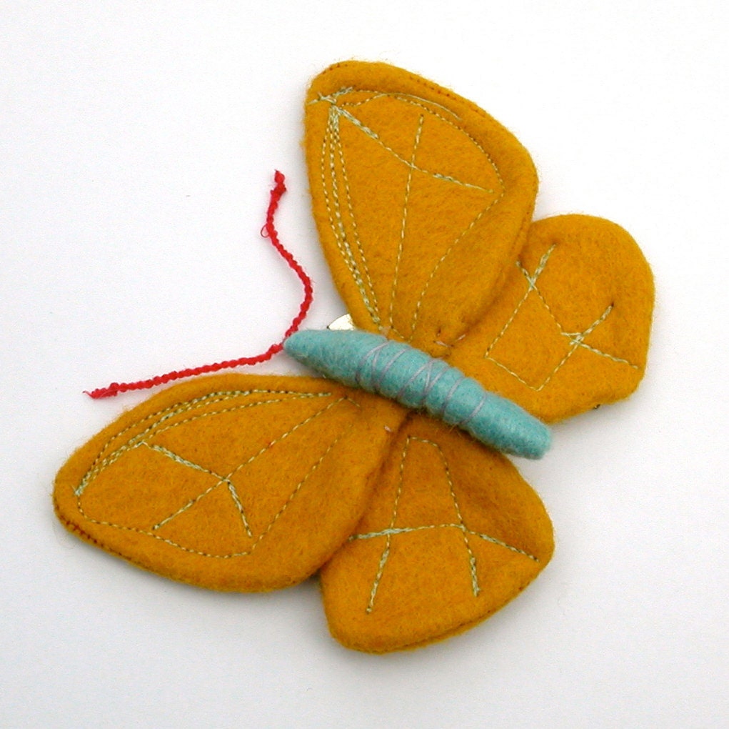 Yellow and Blue Wool Felt Butterfly Hair Clip