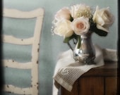 roses floral fresh flowers spring pink yellow chippy chair fine art nature print 8x8 - French Lace and Silver