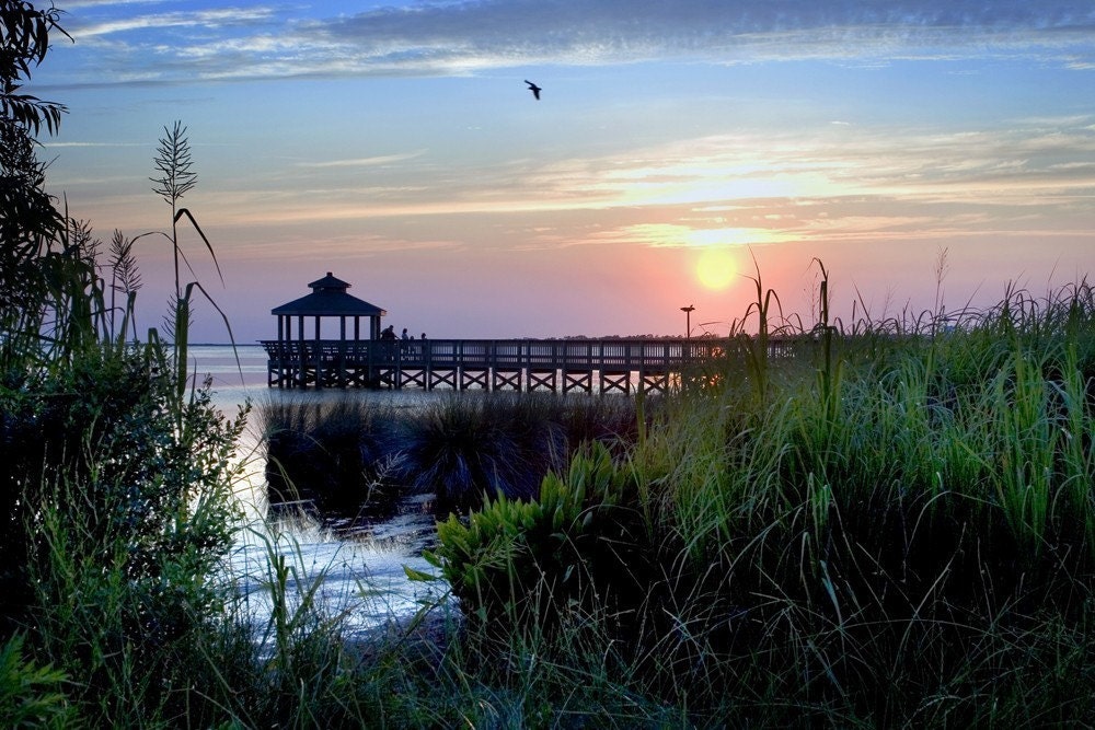 gazebo sunset pier sky water calm peaceful pink blue yellow tranquil sound reeds grasses cottage beach decor   8x12 - Sunset on the Sound