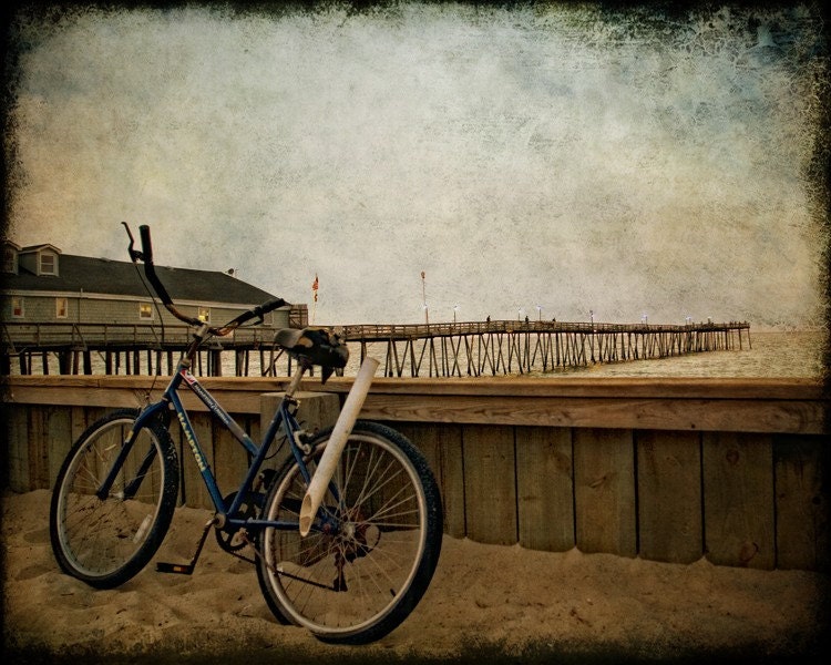 Beach Photograph, Fathers Day, bicycle pier sand fishing 8x10 fine art photograph - The Fishermans Bicycle