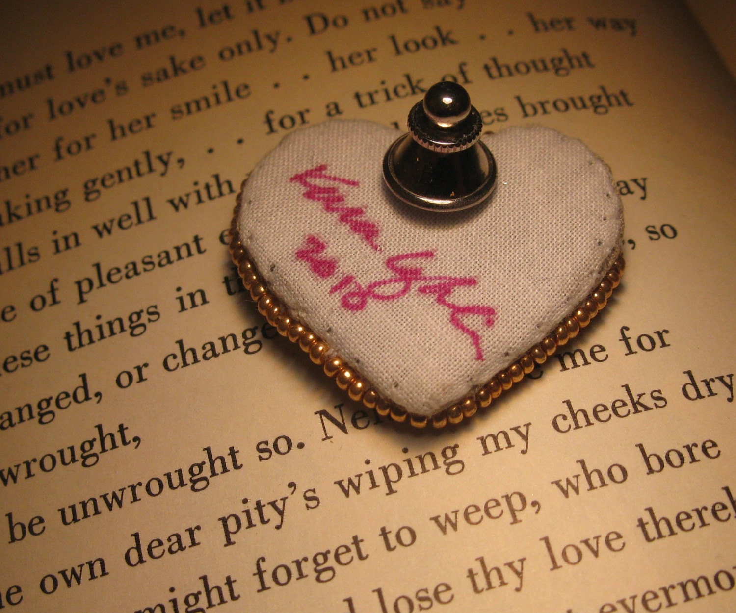 Golden Heart Pin hand embroidered brooch