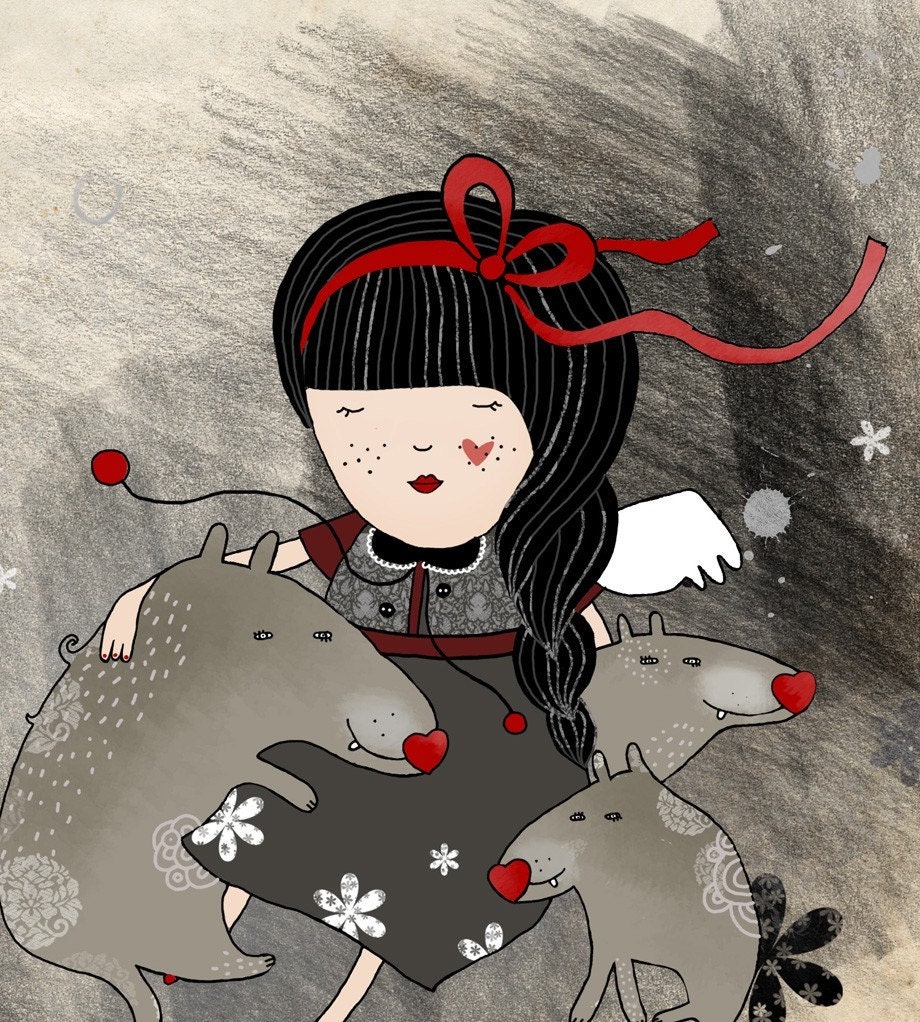 Girl and wolf print - Orfilia. Childrens Illustration. Animal lover. Home decor. Nursery room.