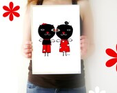 Digital print. Cats Love. Minimal illustration. Wall decor. Romantic