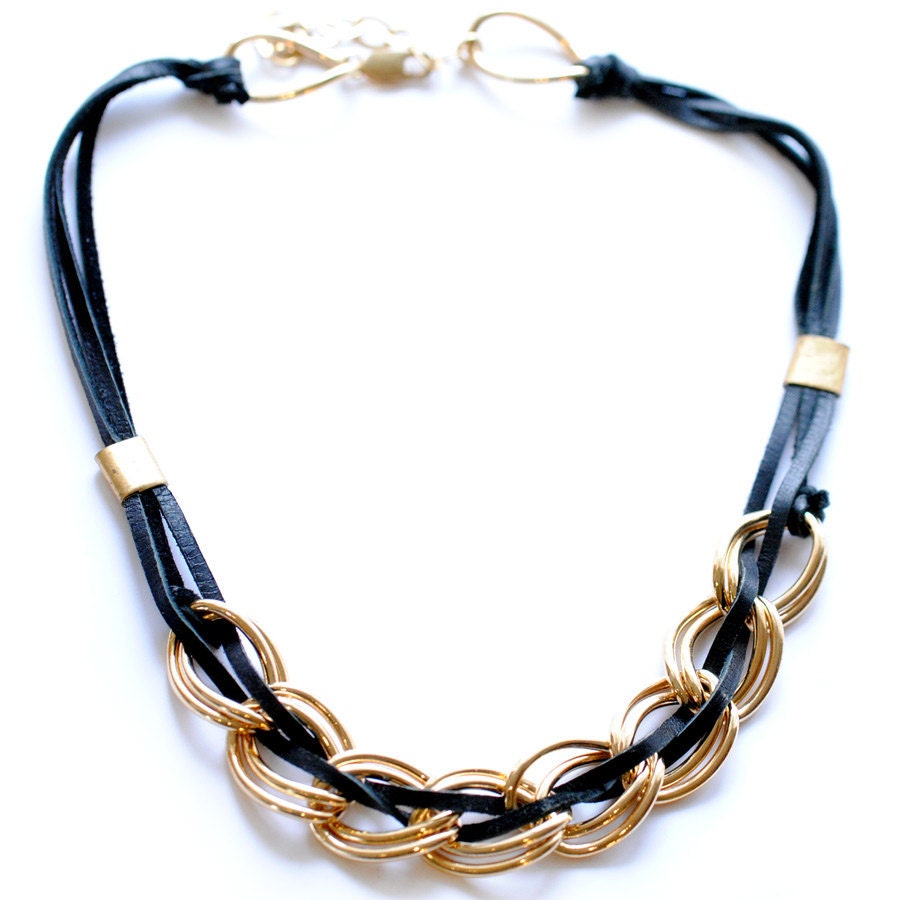 Leather and Gold Chain Necklace