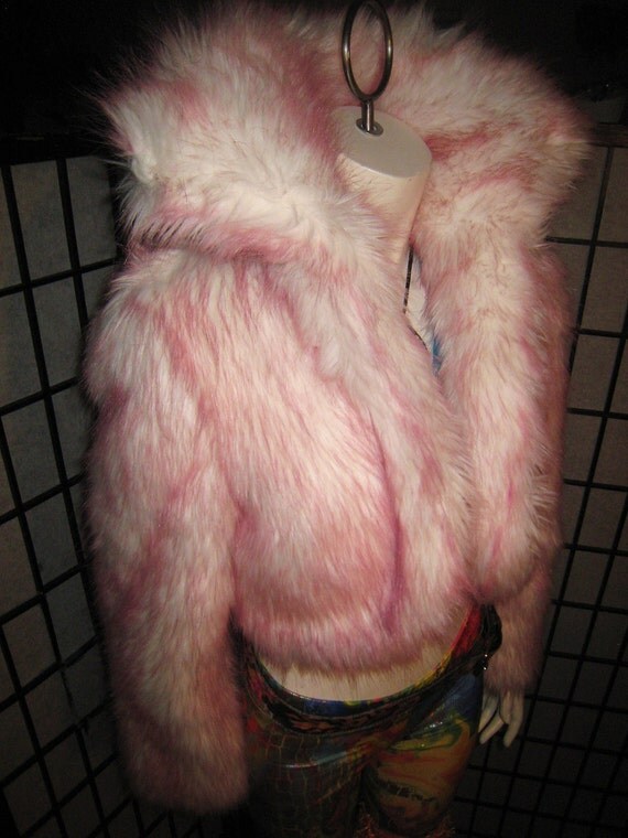 Pink-tipped, faux fur, cropped white coat with stand-up collar option